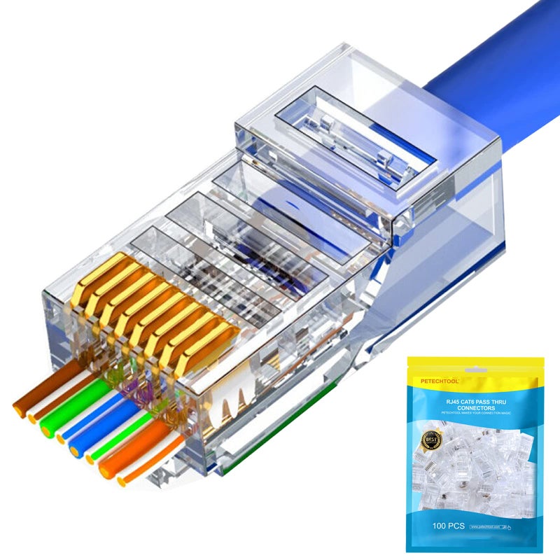 PETECHTOOL RJ45 Cat6 Cat5 Connectors Ends Gold Plated 8P8C Ethernet Pass Through Plug (100Pack) - Image 1